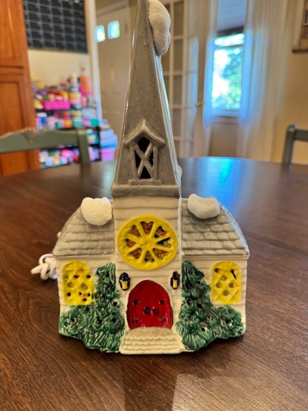 Vintage Le Fauve Ceramic Pottery Snow Covered White/Gray Lighted Church